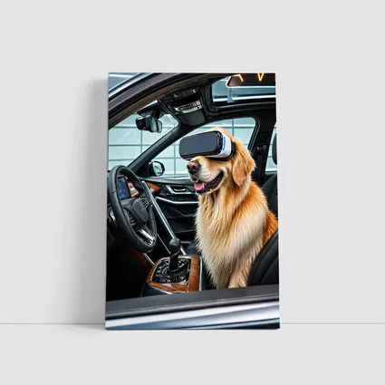 Golden Retriever Wearing VR Headset In Car