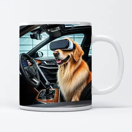 Golden Retriever Wearing VR Headset In Car