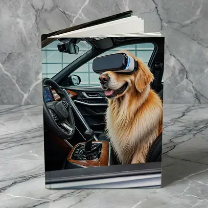 Golden Retriever Wearing VR Headset In Car