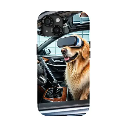 Golden Retriever Wearing VR Headset In Car