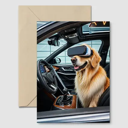 Golden Retriever Wearing VR Headset In Car