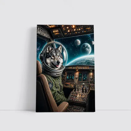 Wolf Astronaut Piloting Spaceship Over Earth