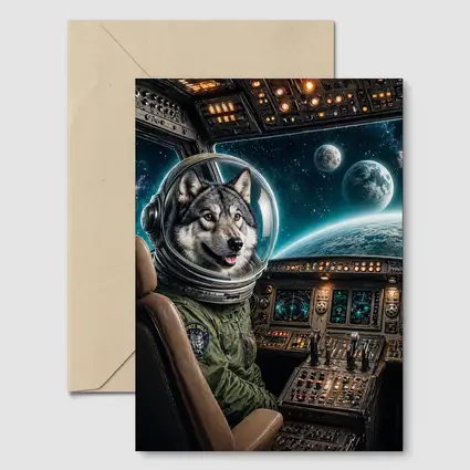 Wolf Astronaut Piloting Spaceship Over Earth