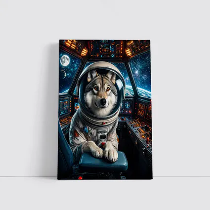 Wolf Astronaut Piloting Space Station Cockpit