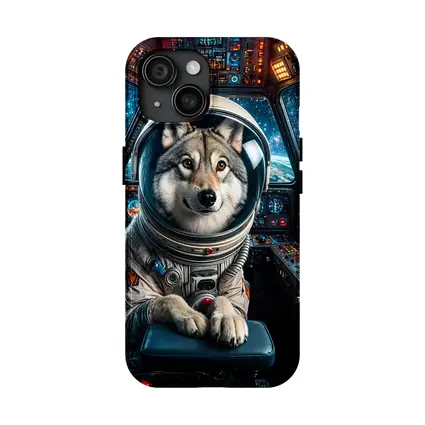 Wolf Astronaut Piloting Space Station Cockpit
