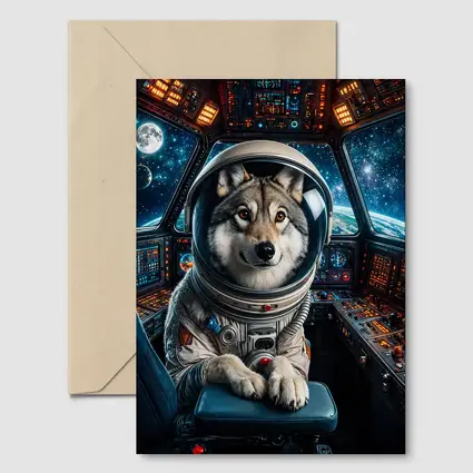 Wolf Astronaut Piloting Space Station Cockpit