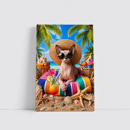 Sphynx Cat Relaxing on Tropical Beach
