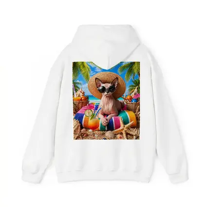Sphynx Cat Relaxing on Tropical Beach