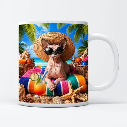 Sphynx Cat Relaxing on Tropical Beach