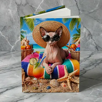 Sphynx Cat Relaxing on Tropical Beach