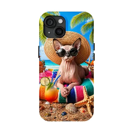 Sphynx Cat Relaxing on Tropical Beach