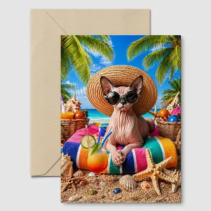 Sphynx Cat Relaxing on Tropical Beach