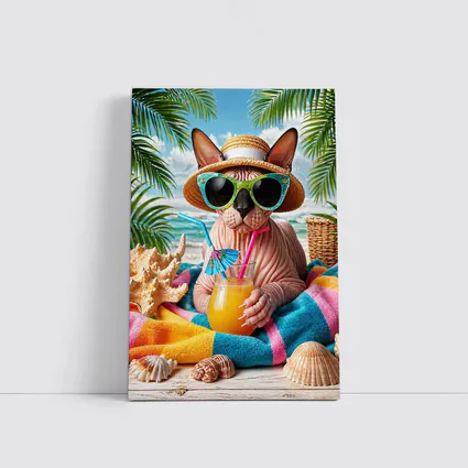Sphynx Cat Relaxing On Tropical Beach
