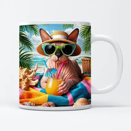 Sphynx Cat Relaxing On Tropical Beach