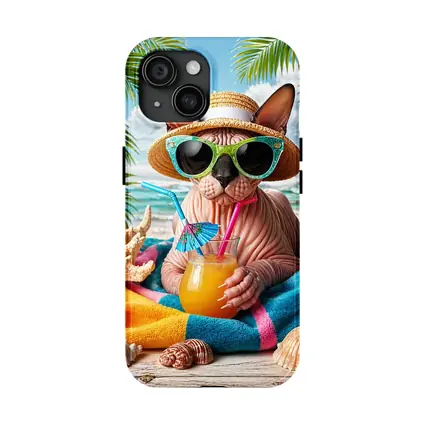 Sphynx Cat Relaxing On Tropical Beach