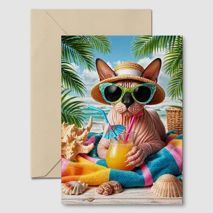 Sphynx Cat Relaxing On Tropical Beach