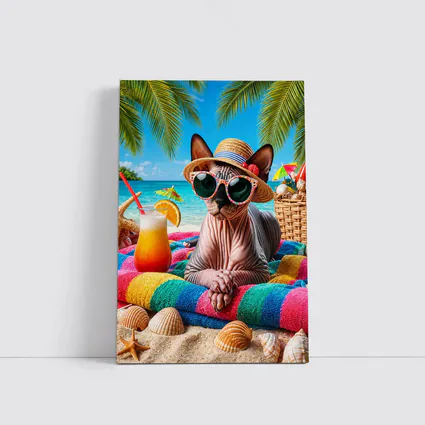 Sphynx Cat Relaxing On Tropical Beach
