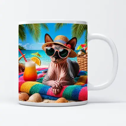 Sphynx Cat Relaxing On Tropical Beach