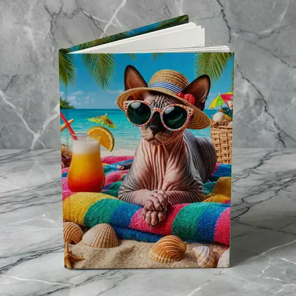 Sphynx Cat Relaxing On Tropical Beach
