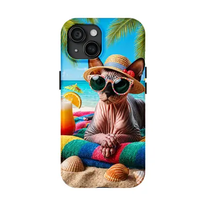 Sphynx Cat Relaxing On Tropical Beach