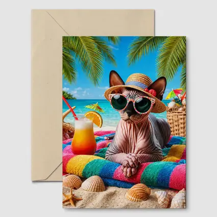 Sphynx Cat Relaxing On Tropical Beach