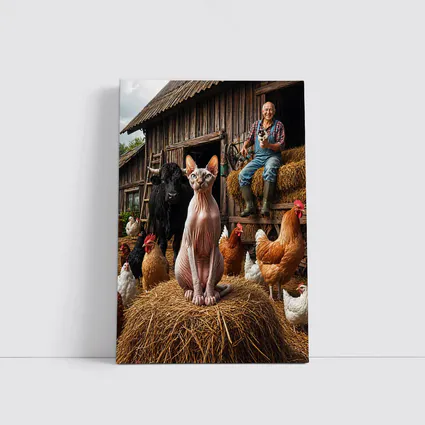Sphynx Cat on Farm with Chickens