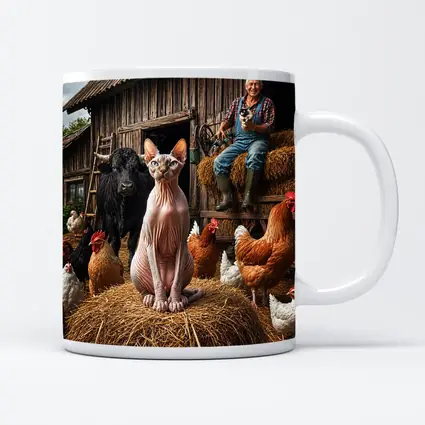 Sphynx Cat on Farm with Chickens