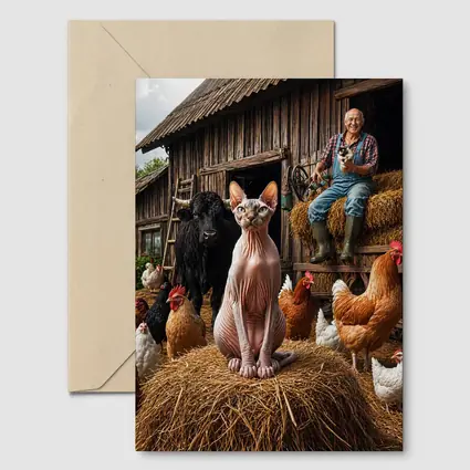 Sphynx Cat on Farm with Chickens