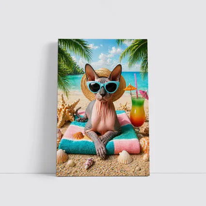 Sphynx Cat Relaxing On Tropical Beach