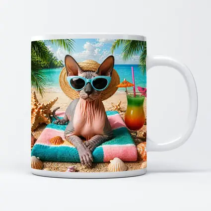 Sphynx Cat Relaxing On Tropical Beach