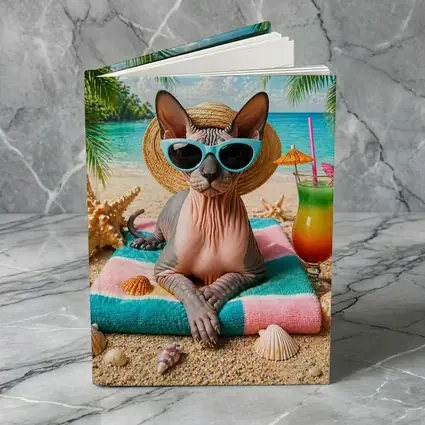 Sphynx Cat Relaxing On Tropical Beach