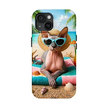 Sphynx Cat Relaxing On Tropical Beach
