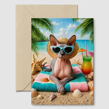Sphynx Cat Relaxing On Tropical Beach