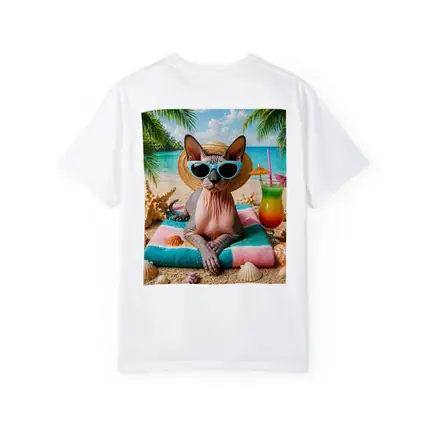 Sphynx Cat Relaxing On Tropical Beach