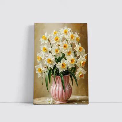 White Daffodils Pink Vase Warm Beige Background