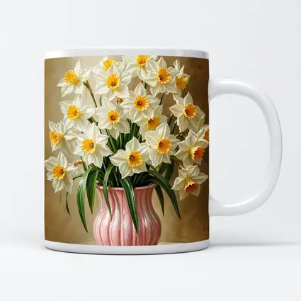 White Daffodils Pink Vase Warm Beige Background