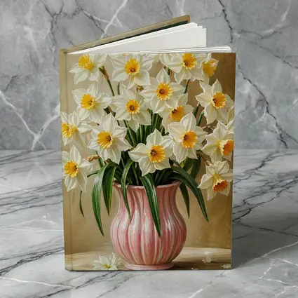 White Daffodils Pink Vase Warm Beige Background
