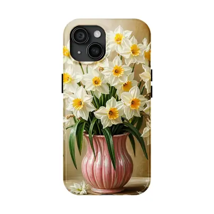 White Daffodils Pink Vase Warm Beige Background