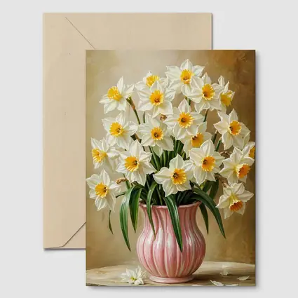 White Daffodils Pink Vase Warm Beige Background