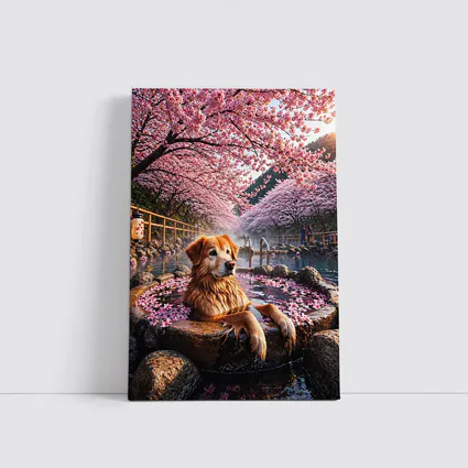 Golden Retriever Soaking in Cherry Blossom Onsen
