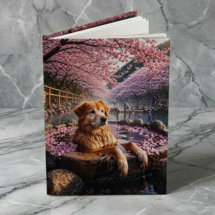 Golden Retriever Soaking in Cherry Blossom Onsen