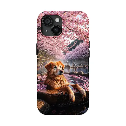 Golden Retriever Soaking in Cherry Blossom Onsen