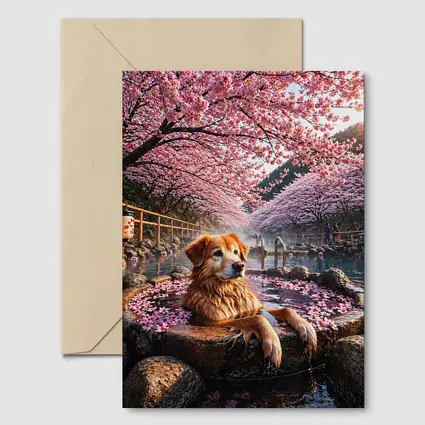 Golden Retriever Soaking in Cherry Blossom Onsen