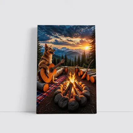 German Shepherd Playing Guitar Mountain Campfire Sunset