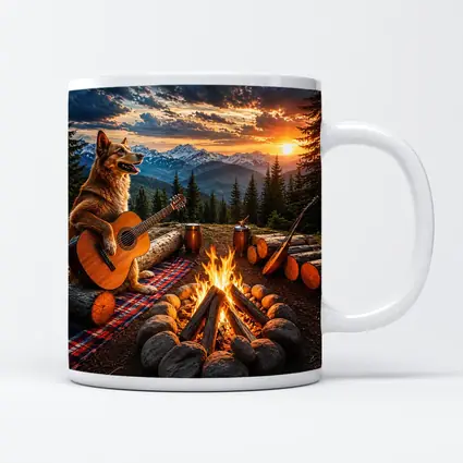 German Shepherd Playing Guitar Mountain Campfire Sunset