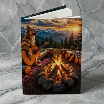 German Shepherd Playing Guitar Mountain Campfire Sunset