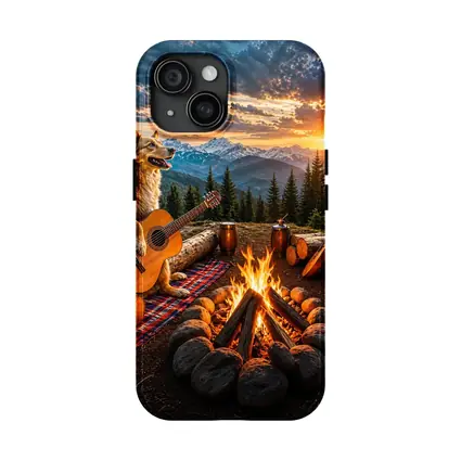 German Shepherd Playing Guitar Mountain Campfire Sunset