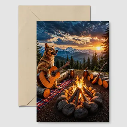 German Shepherd Playing Guitar Mountain Campfire Sunset