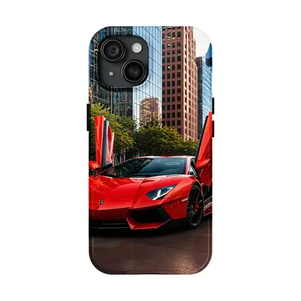 Red Lamborghini Aventador City Skyline Background