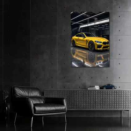 Yellow BMW M8 Parked in Dark Garage